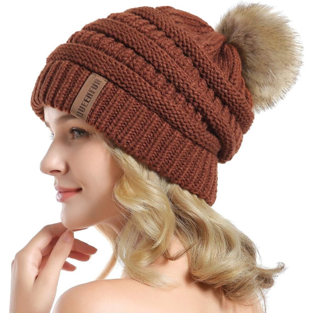 Women Rust Soft Acrylic Thick Baggy Knit Winter Faux Fur Pompom Beanie